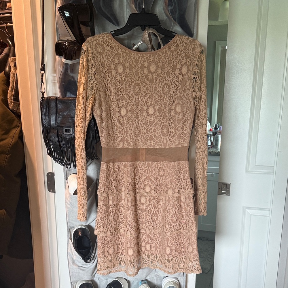 Missguided Lace Long Sleeve Dress in Beige UK10